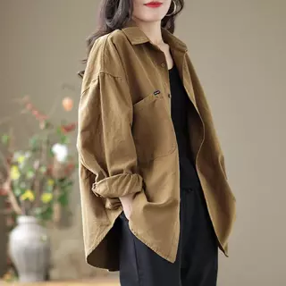 MIMI[สินค้าพร้อมส่ง]เสื้อเชิ้ตป้ายตัด,เสื้อเชิ้ตแขนยาวผ้าลูกฟูกสิ่งทอลายทแยงหลวมสวมใส่สบาย,ลำลองผู้หญิง,พลัสไซส์#99469