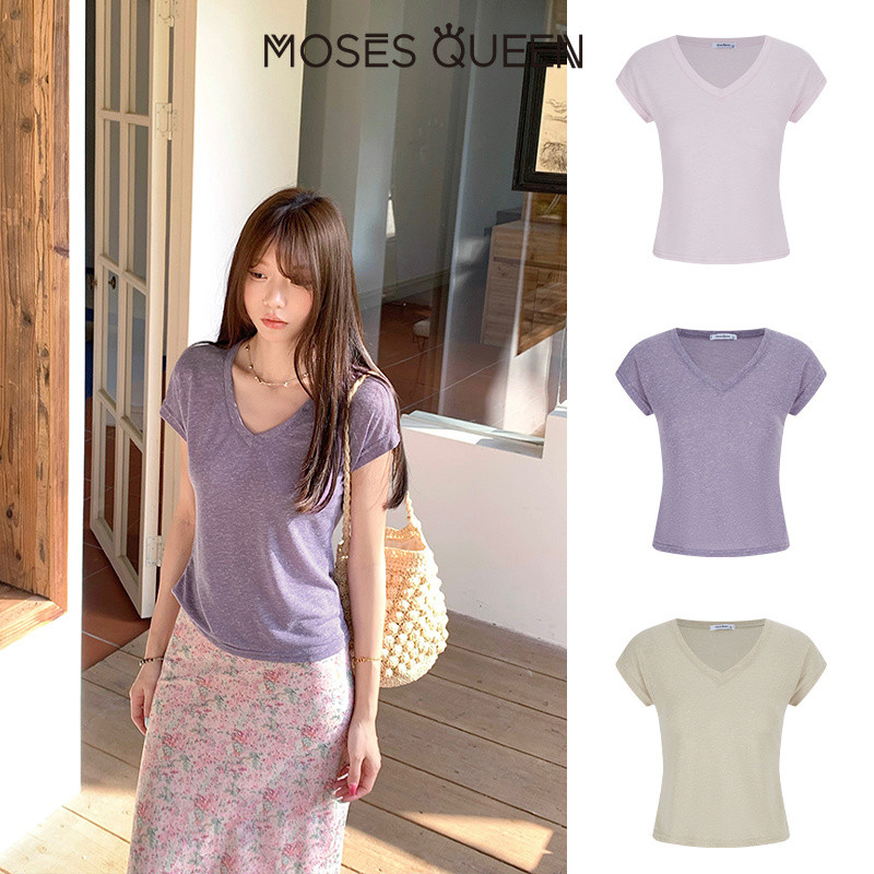 < MOSESQUEEN > มอสส์ ราชินี เสื้อยืดคอวีแขนสั้นหลากสีทรงหลวมสําหรับฤดูร้อนเหมาะกับการลดอายุและชุดลําลอง #63719