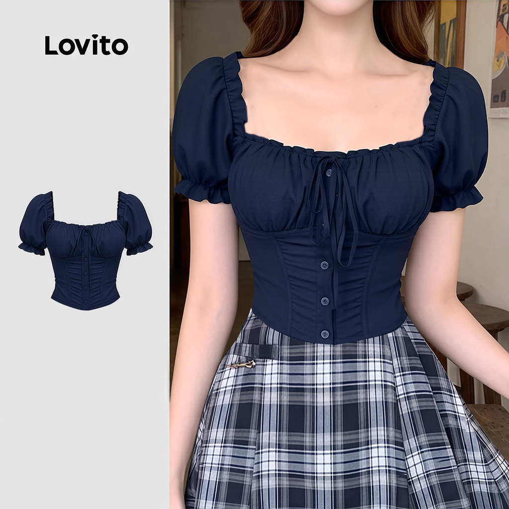 Lovito เสื้อเบลาส์สีกรมท่าผูกหน้าสไตล์หรู จับจีบเก๋ไก๋ ใส่สบาย เหมาะสําหรับฤดูใบไม้ผลิ/ฤดูร้อนสําหรับผู้หญิง LK4ED1812