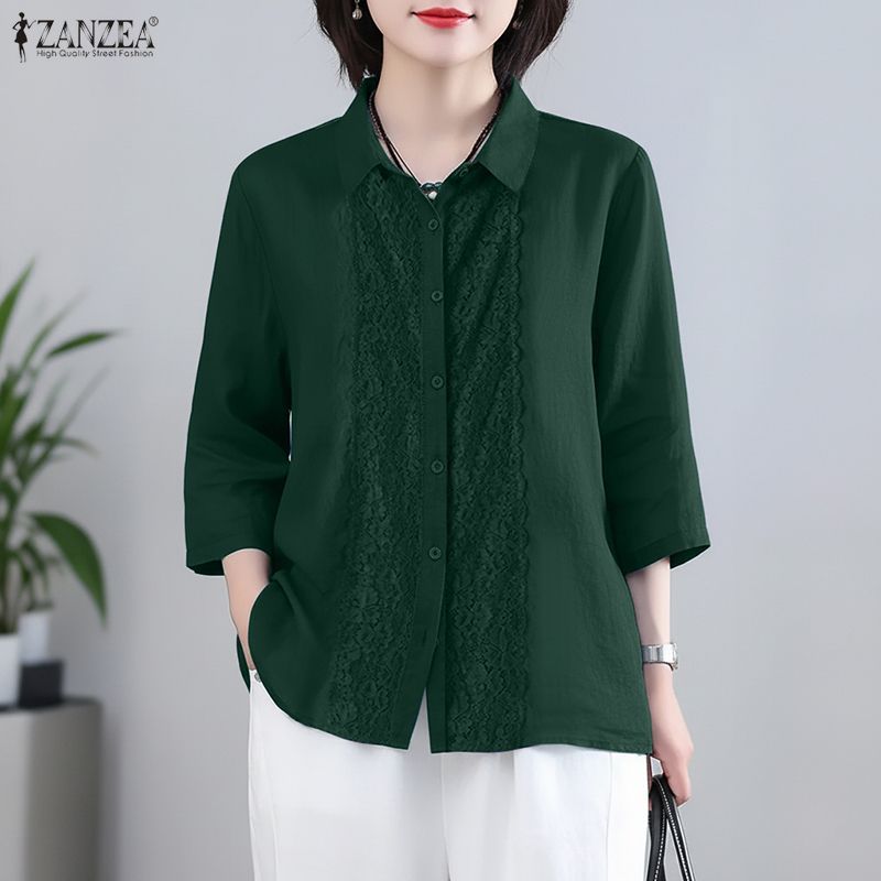 ZANZEA ผู้หญิงเกาหลี Elegant Chic Turn-Down-Collar 3/4 แขนลูกไม้ Splicing ปุ่มลงเสื้อ — صورة 5