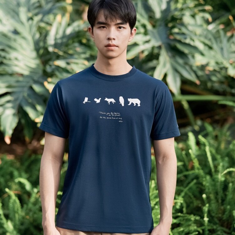 Montbell Outdoor Sports T-shirt Mens and Womens Short Sleeved Dark Blue Animal Print Round Neck Comfort Couple Style