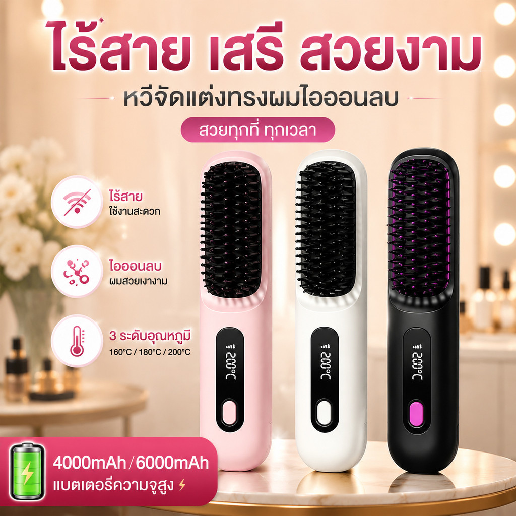 หวีไฟฟ้าไร้สาย หวีผมตรงไฟฟ้า หวียืดผมไร้สายหวียืดผม 2 in 1 หวียืดผมไอออน แบบพกพา ร้อนเร็ว ชาร์จไฟได้
