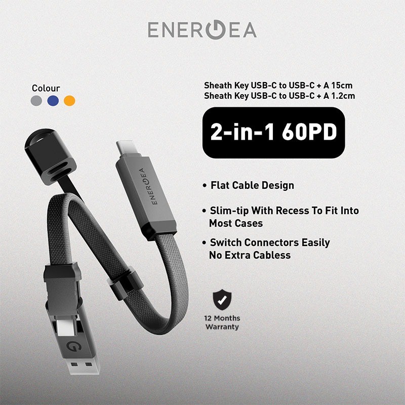 ENERGEA กุญแจปลอก 2 in 1 C to C + สาย A, 480Mbps 60W, 15cm/ 1.2m - สีส้ม/ Gunmetal/ น้ําเงิน