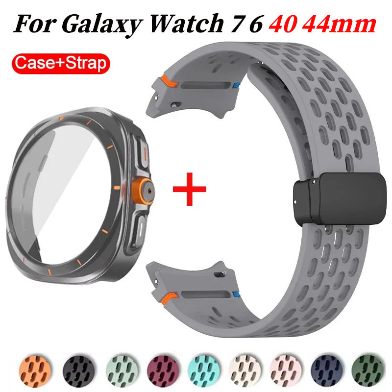 SAMSUNG เคสป้องกันแบบเต็ม + สายรัดสําหรับ ซัมซุง กาแลคซี นาฬิกา7 6 40มิลลิเมตร44มิลลิเมตรซิลิโคนหัวเข็มขัดแม่เหล็กวงเปลี่ยนอัลตร้า2025 47มิลลิเมตรกระจกกันกระ