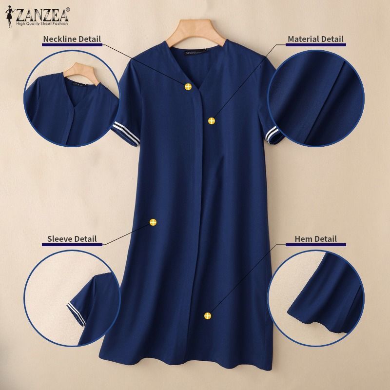 ZANZEA ซานเซีย ผู้หญิงแฟชั่นเกาหลีสไตล์ลําลองคอวีแขนสั้น ไร้กระเป๋า สีบล็อกลายชุดหลวม — صورة 7