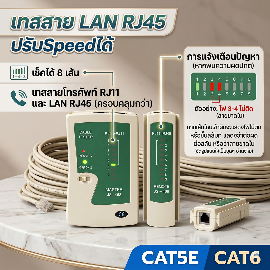 เครื่องเทสสายแลน RJ45 เครื่องเทสสายโทรศัพท์ RJ11 Cable Tester เช็คสาย CAT5E CAT6 ปรับสปีดได้ ตรวจสายขาด