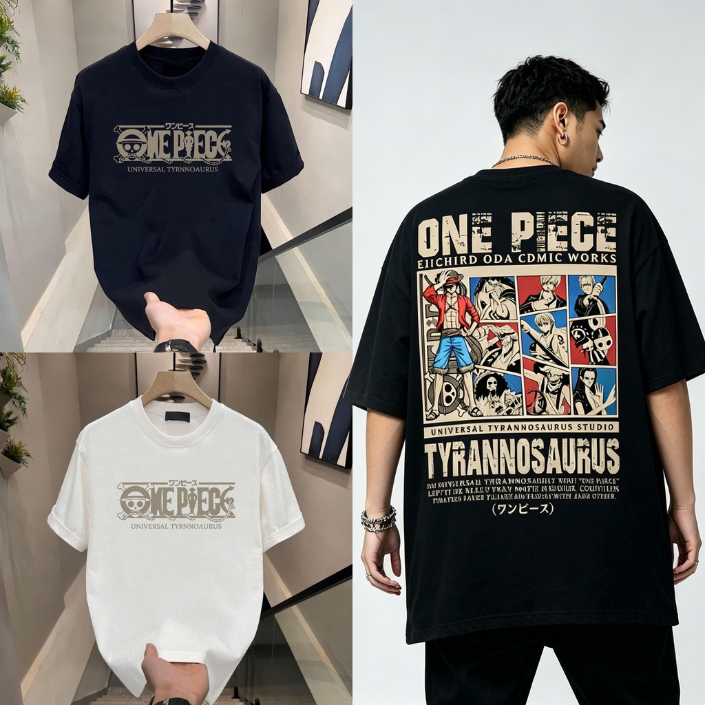 เสื้อยืดคอกลม Oversize Unisex ผ้าคอตตอนผสม นุ่มสบาย ระบายอากาศ พิมพ์ลาย One Piece วันพีช ลายการ์ตูนอนิเมะ สีขาว/สีดำ สไต
