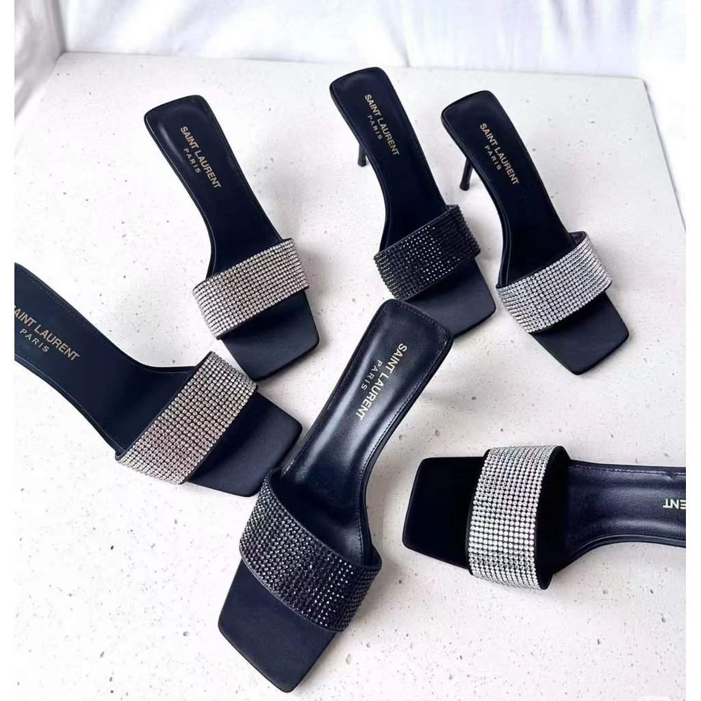 YSL Saint Laurent ss สไตล์ล่าสุดหรูหราเพชรเต็มสแควร์ Toe รองเท้าแตะผู้หญิง ysl รองเท้าแตะส้นสูงแบนเป