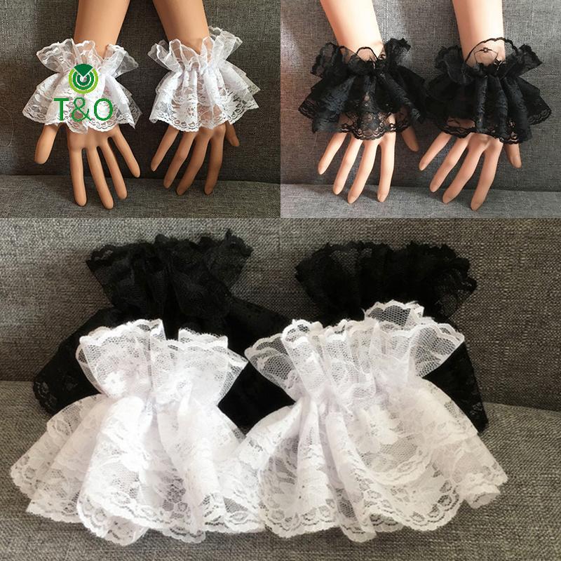 T&O Lolita สร้อยข้อมือ Ruffled ดอกไม้ลูกไม้ Elegant สุภาพสตรี ถุงมือลูกไม้สั้นฮาโลวีน
