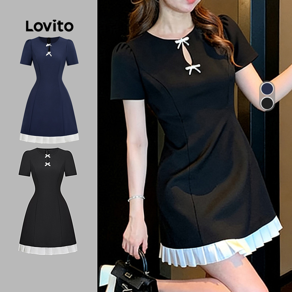 Lovito ชุดเดรสจีบสีบล็อกหรูหราสำหรับฤดูใบไม้ผลิ/ฤดูร้อนสีดำสำหรับผู้หญิง L154ED562