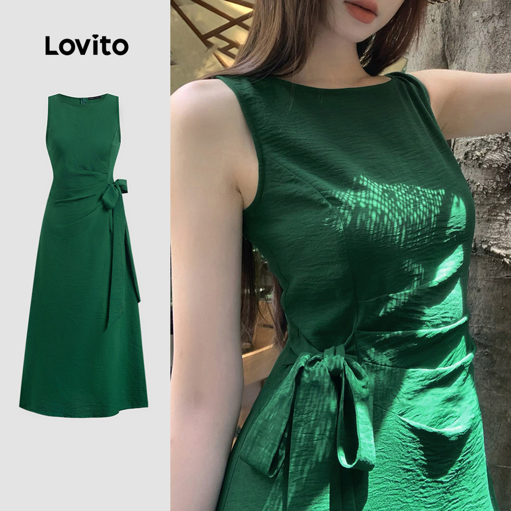 Lovito สง่างาม ชุดเดรสสำหรับผู้หญิงแบบคัตเอาท์ ทูโทน ดาร์กกรีน สไตล์ ฤดูใบไม้ผลิ/ฤดูร้อน L150AD735