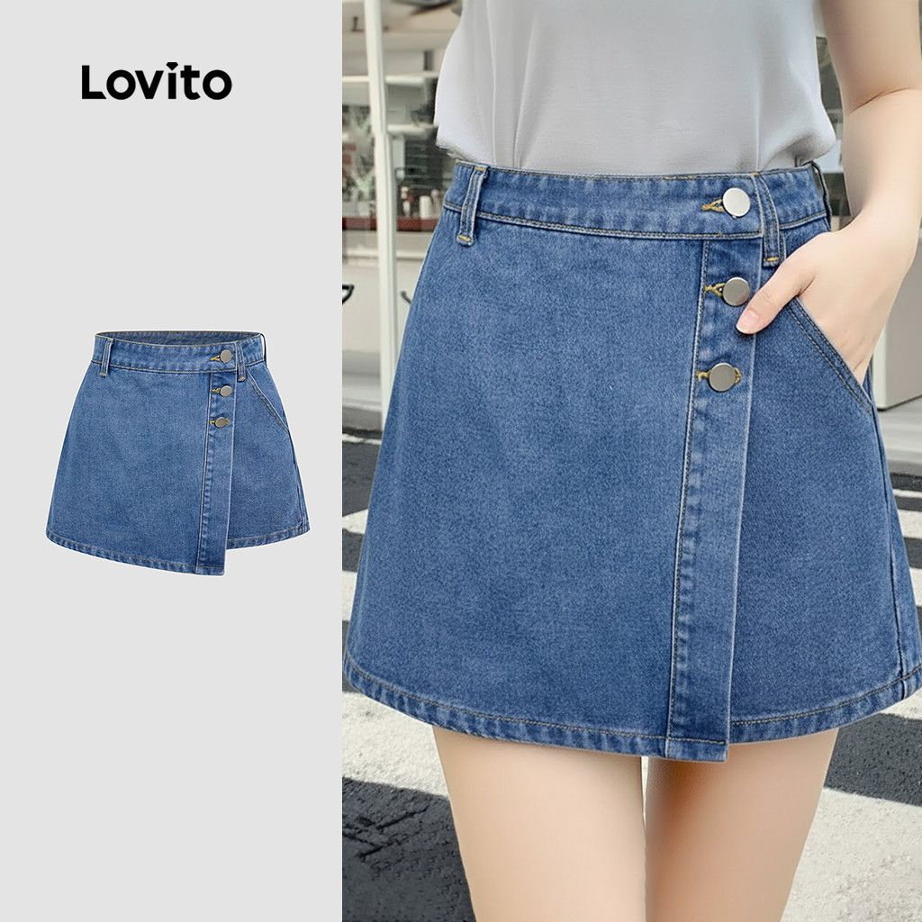Lovito กางเกงขาสั้นเดนิมลําลอง สีฟ้า สําหรับผู้หญิง พร้อมกระเป๋า กระดุมหน้า สําหรับฤดูใบไม้ผลิ/ฤดูร้อน L171ED195