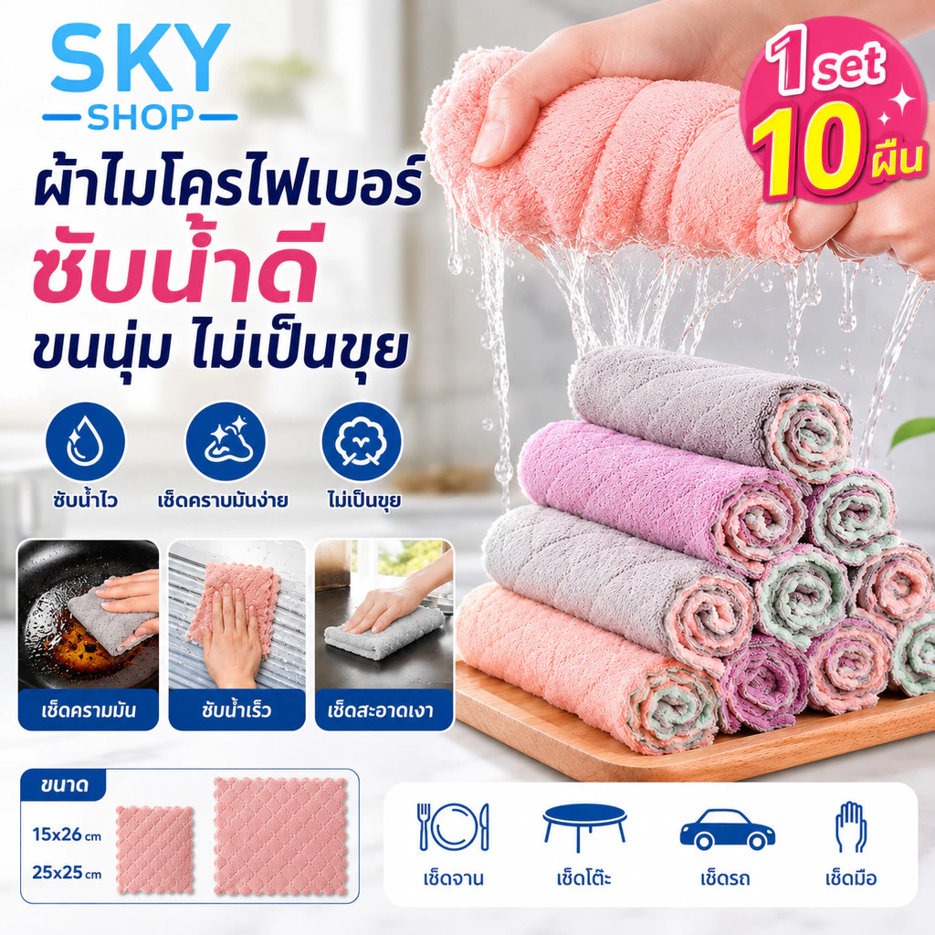 SKY ผ้าไมโครไฟเบอร์ 10 ผืน ผ้าเช็ดจาน ผ้าเช็ดโต๊ะ ซับน้ำดี ขนนุ่ม ไม่เป็นขุย เช็ดคราบมันง่าย แห้งไว Cleaning Cloth