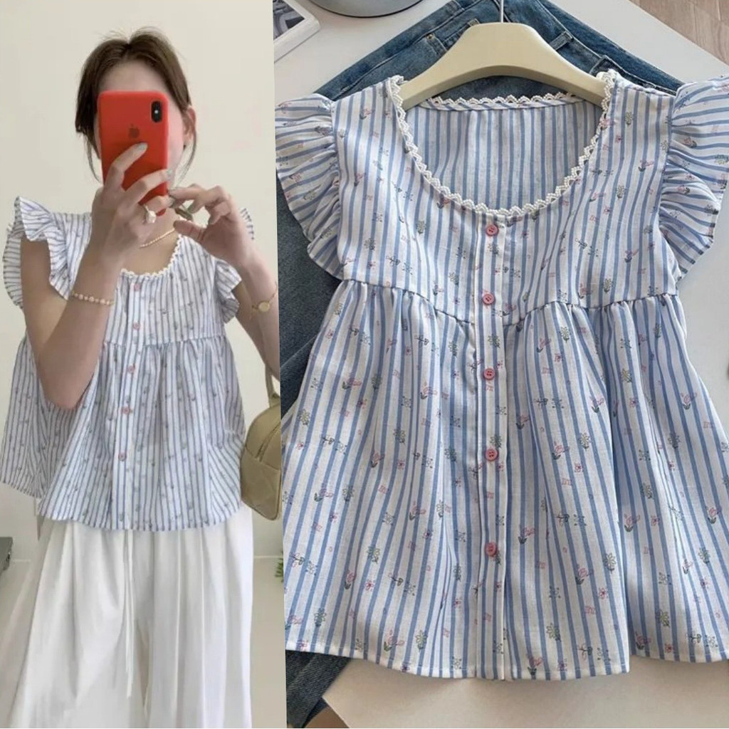 เสื้อลำลองบางๆ แขนสั้นลายทางลายดอกไม้ลดอายุในฤดูร้อน