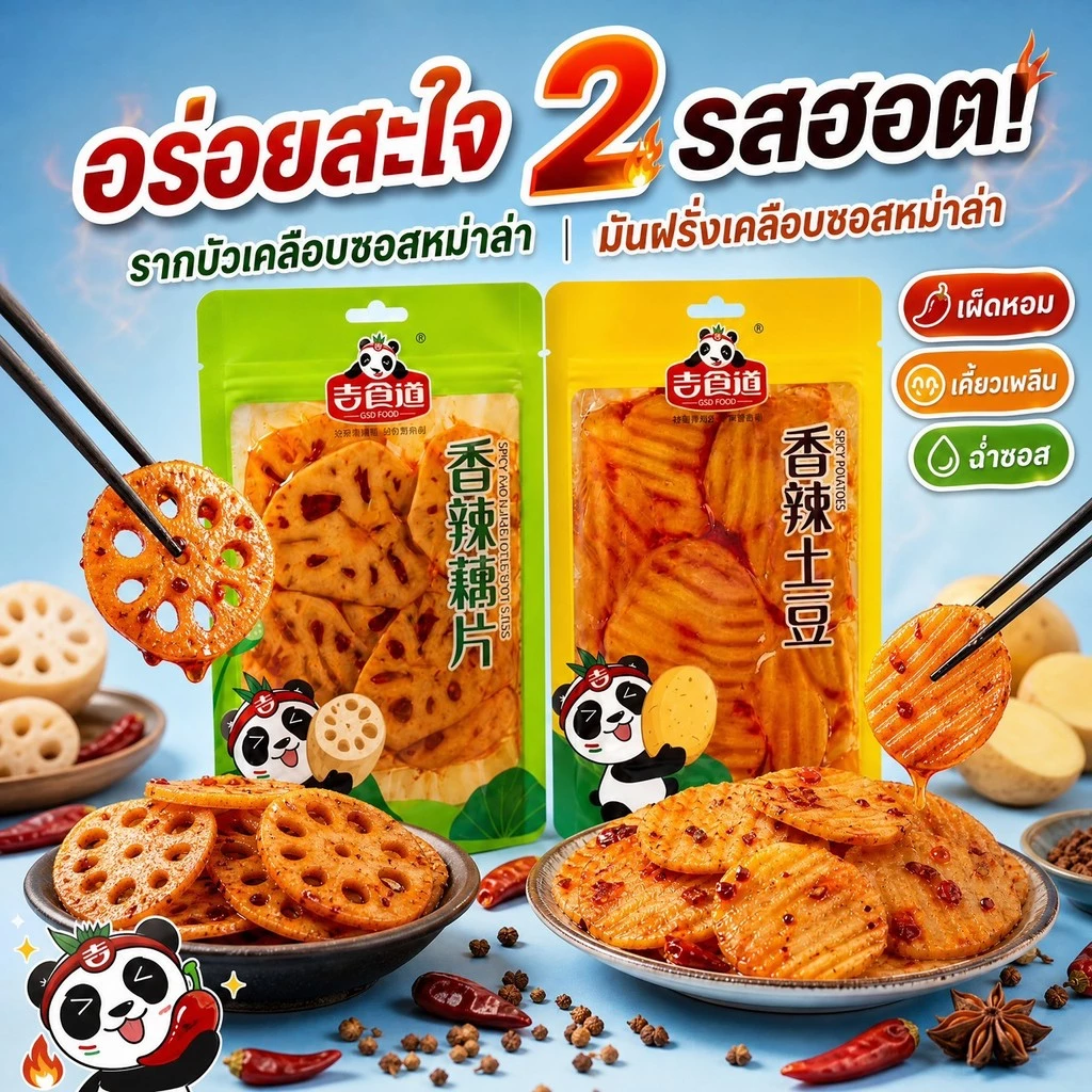รากบัว & มันฝรั่งหม่าล่าสูตรกรุบกรอบ หอมเครื่องเทศจีน เผ็ดกำลังดี เคี้ยวเพลินจนหยุดไม่ได้ ขนาด 70 กรัม ️