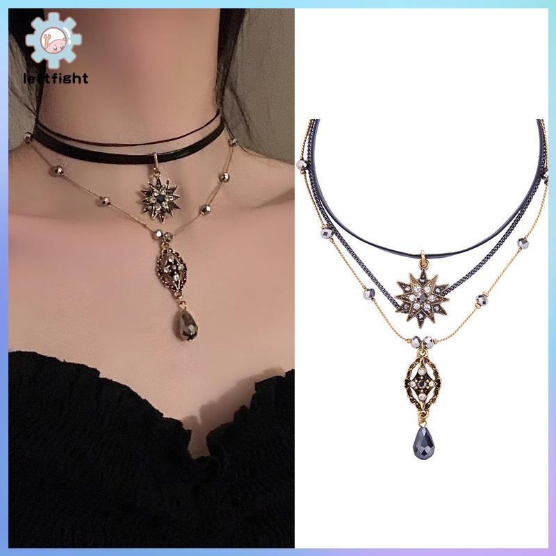LEFT Vintage Layered Strap Multi Layered Nelace ผู้หญิงคอ Bohemian คริสตัลยาวจี้เครื่องประดับ GHT