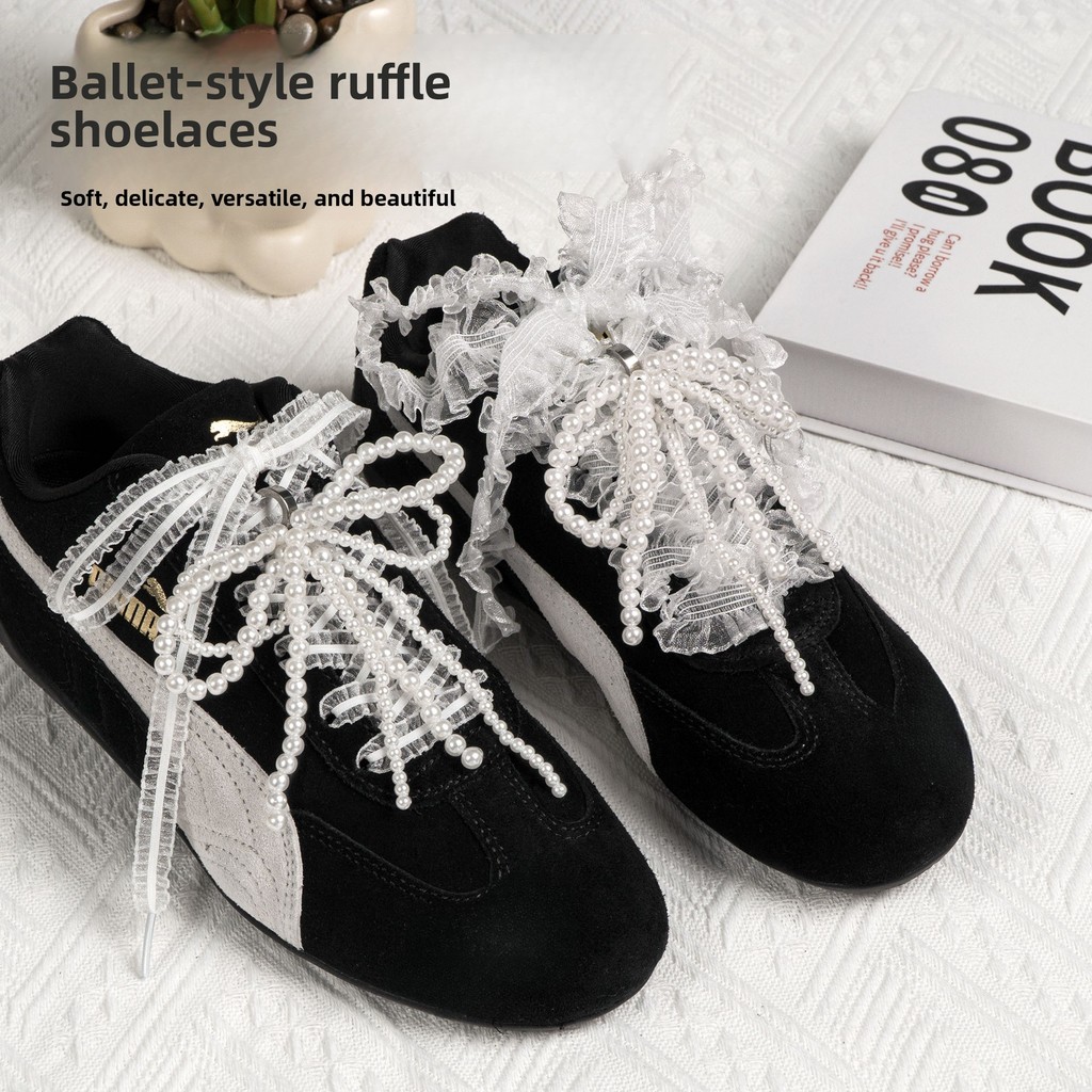 Ballet-Style Bow Lace-trim Ruffled Shoelaces, รองเท้าผ้าใบเปลี่ยน Laces สําหรับการฝึกอบรม Racing Casual รองเท้าสําหรับผู้หญิง
