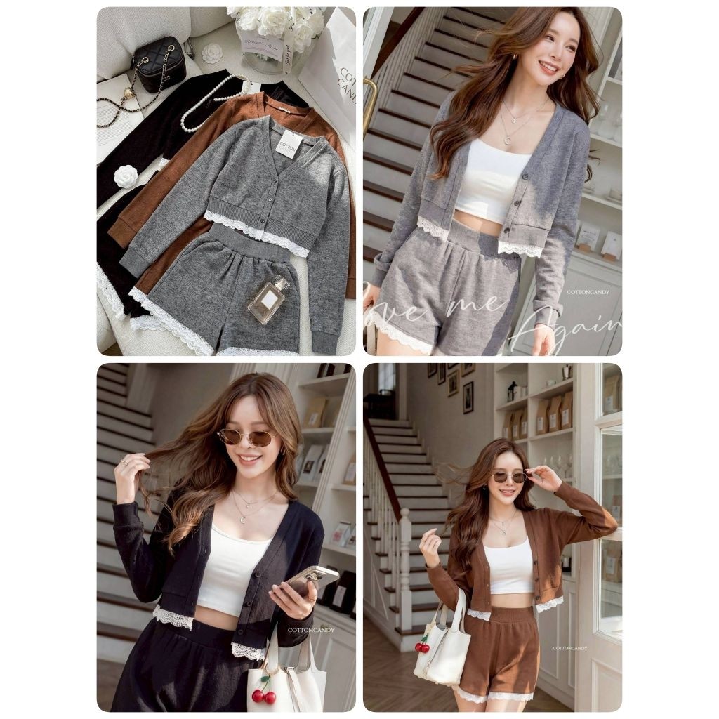 #Cotton Candy🍭****set เสื้อเเขนยาว+ขาสั้น ผ้ายืดแต่งชายลูกไม้ New Cider korea set