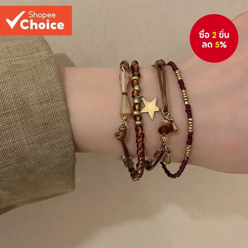 สีกาแฟย้อนยุคเชือกถักสร้อยข้อมือลูกปัดสําหรับผู้หญิง 2024 ใหม่สไตล์เครื่องประดับมือชุดสร้อยข้อมือ
