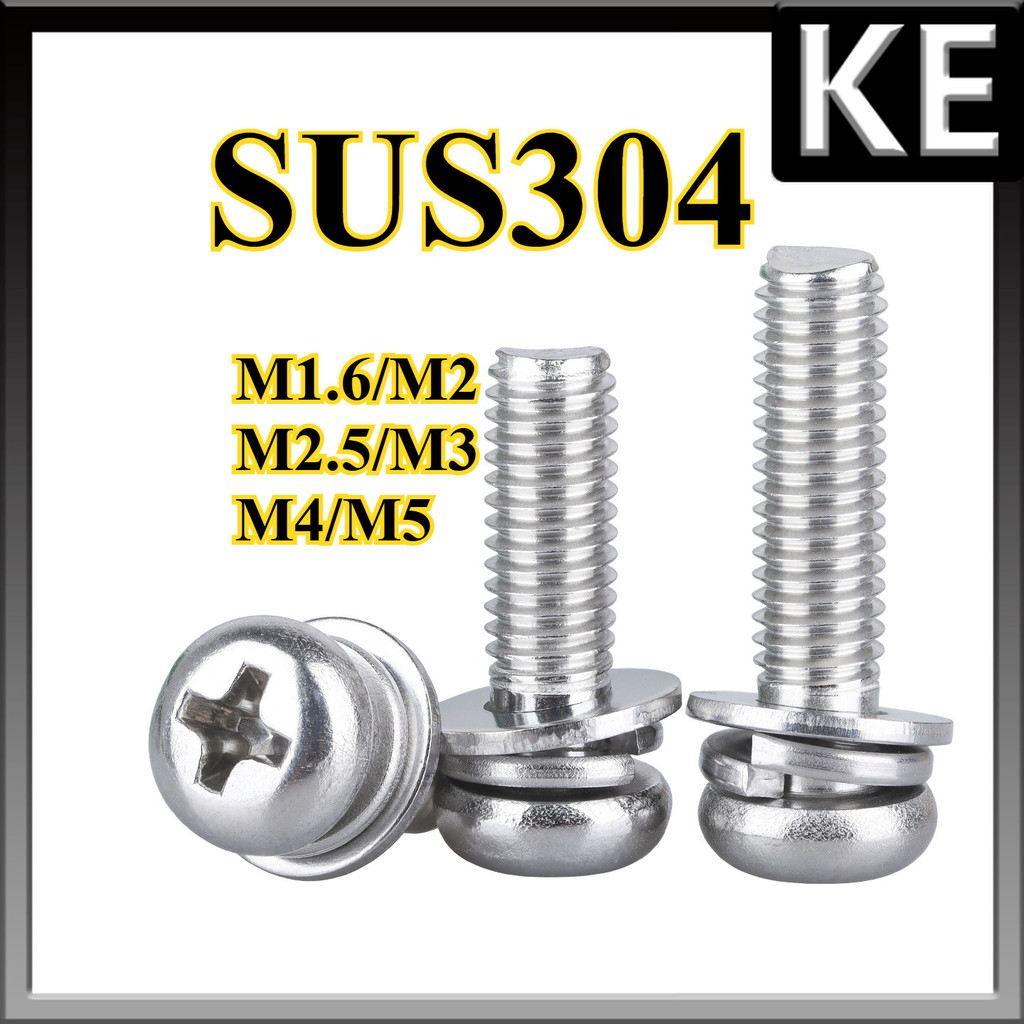 น็อต สกรู หัวกลม แฉก สวมแหวน อีแปะ+สปริง สเตนเลส 304 เกลียวมิล หยาบ / Pan Head SEM SUS   M1.6/M2/M2.5/M3/M4/M5 * L3-100 มม.KE-FASTENER