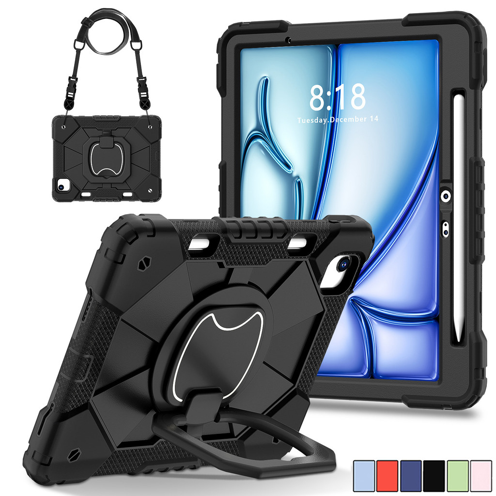 เด็ก ๆ 360° ขาตั้งมือหมุนได้ เคสกันกระแทกสําหรับงานหนักพร้อมที่ใส่ดินสอและสายคล้องไหล่สําหรับ iPad A