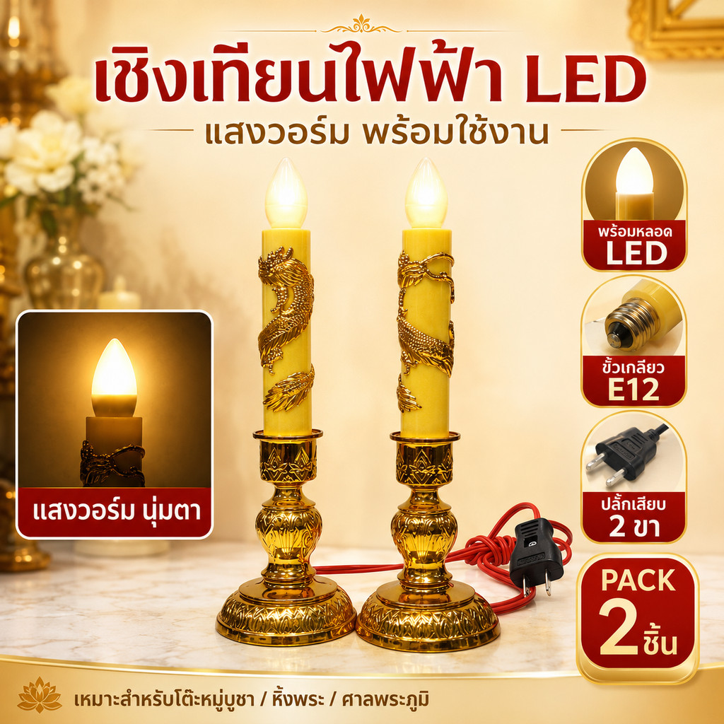 Zeazon (แพ็ค 2 ชิ้น) ชุดเชิงเทียน สีเหลือง + หลอด LED เลือกแสง ส้ม Warm หรือ ขาว เกลียว E12 ไฟตกแต่ง ศาลเจ้า หิ้งพระ