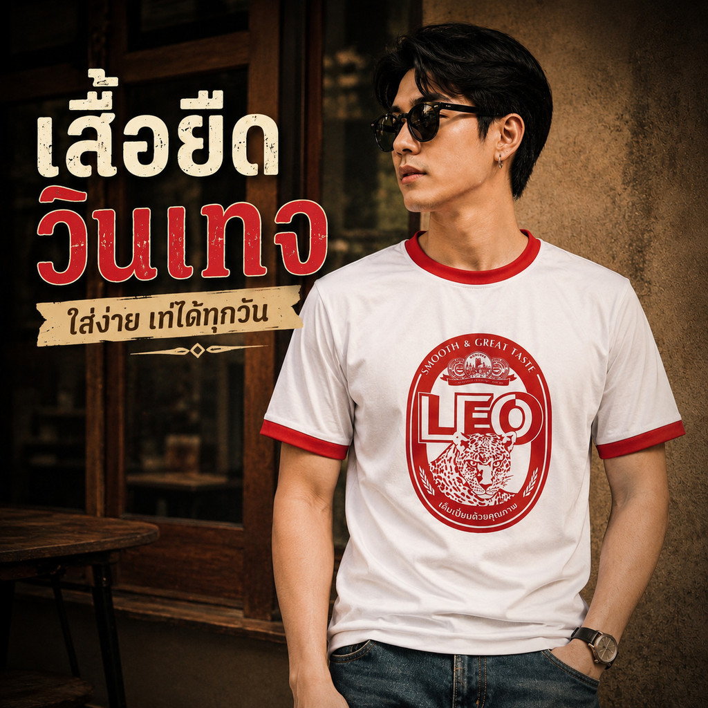 เสื้อยืดคอกลม สีขาวคอแดง สกรีนลายLEO เนื้อผ้ากีฬ้าผิวเรียบ ไมโครโพลีเอสเตอร์ นุ่มเบาสบาย