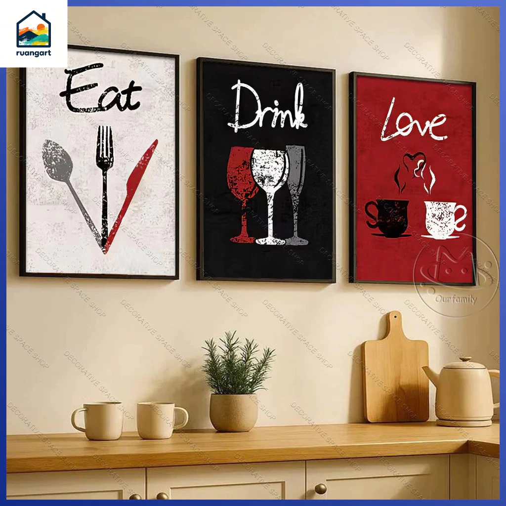ชุดภาพวาดห้องครัว 3 ชิ้น Eat Drink Love Bless The Food พร้อมกรอบ ของตกแต่งห้องทานข้าว สไตล์วินเทจ