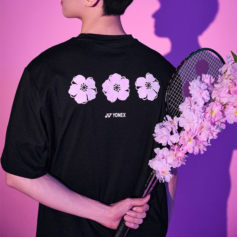 ReadystockNew YONEX Korean Badminton Top Mens and Womens Black Cherry Blossom Print Limited Edition Short Sleeve 100% Premium Cotton T-shirt 0423