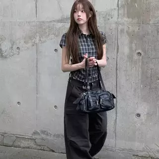 Black#เสื้อเชิ้ตแขนสั้นลายสก็อตแบบผูกเชือกสไตล์เกาหลีสำหรับฤดูร้อน สวมใส่ได้หลากหลายโอกาส สำหรับผู้หญิง รุ่นw725