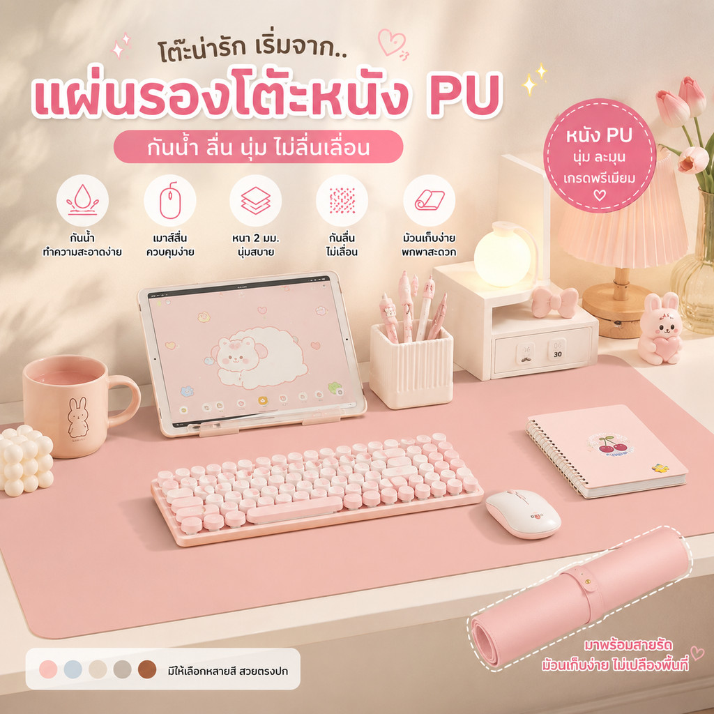 แผ่นรองโต๊ะหนัง PU สีพาสเทล กันน้ำ กันลื่น แผ่นรองเมาส์โต๊ะคอม สไตล์มินิมอลน่ารัก สำหรับโต๊ะทำงาน 💕