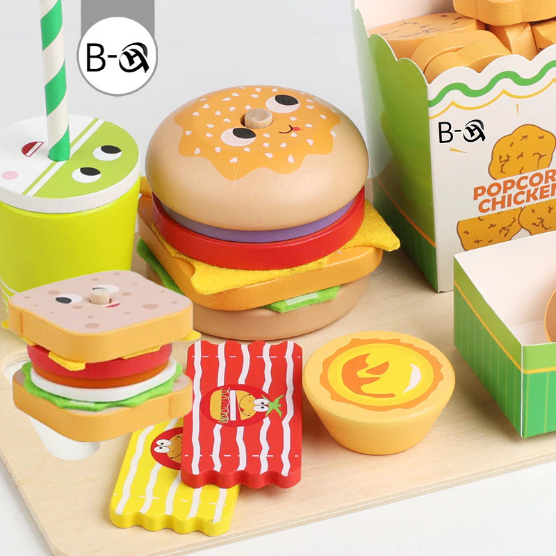 BHQ ของเล่นเด็กในครัว ของเล่นไม้ เบอร์เกอร์ แซนวิช มินิครัวอาหารปลอมของเล่น