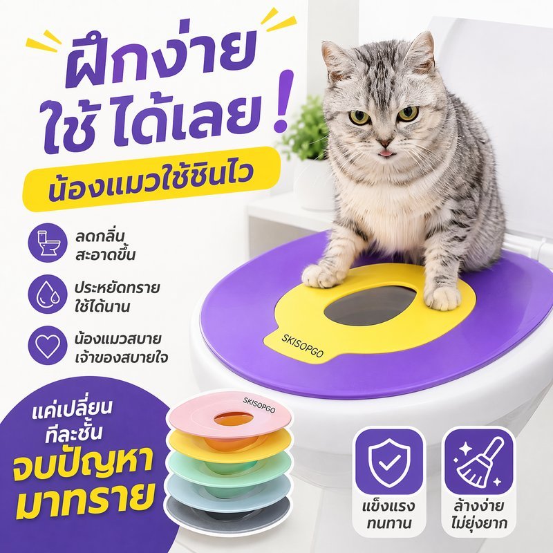 ชุดฝึกเข้าห้องน้ำแมว เทรนเนอร์แมว ฝึกลดทรายแมว ถาดชักโครกแมว ใช้ซ้ำได้ วัสดุพีพี ทำความสะอาดง่าย