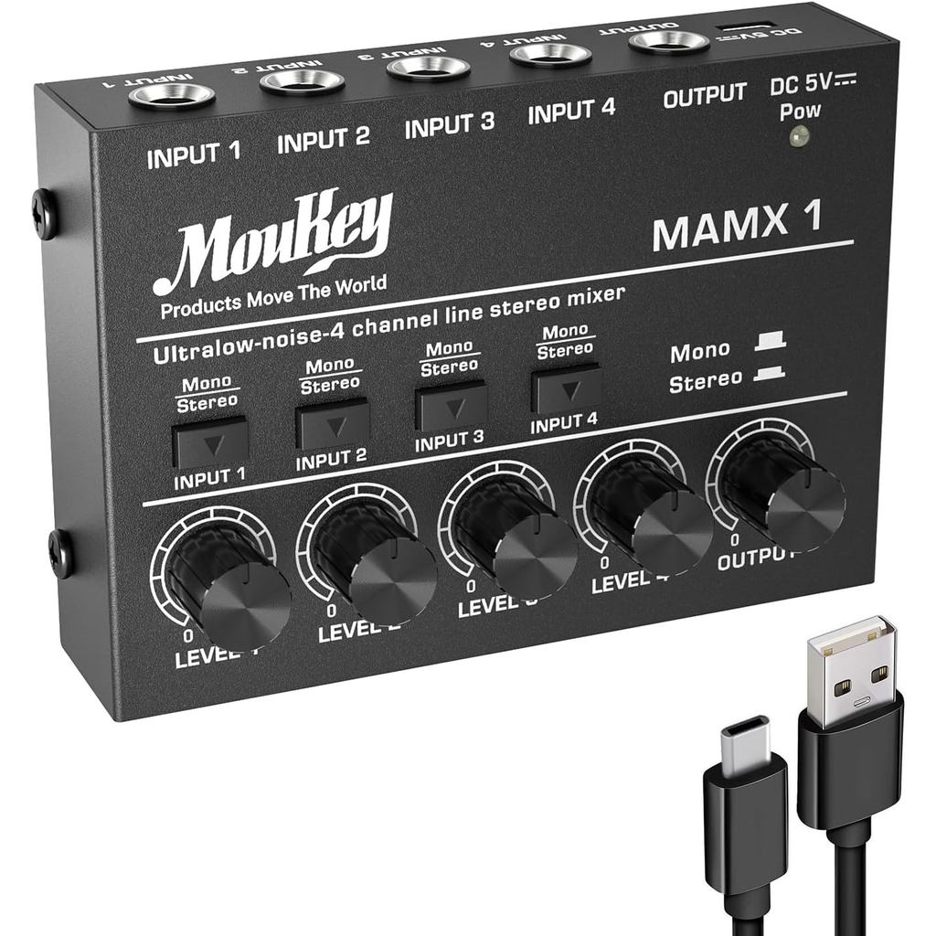 Moukey Mini Audio Mixer, DC 5V, 4 Stereo Ultra, Low Noise 4 Channel Line Mixer for Sub-Mixing, for S