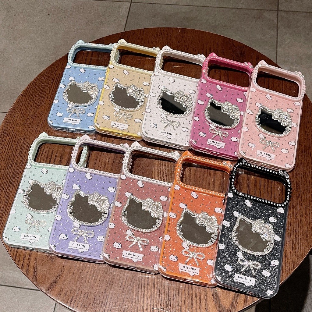 NewCat Ear Bow Diamond Frame Kitty Pattern Mirror IMD Phone Case, with Bracelet, For iPhone 15, 16, 17 Series
