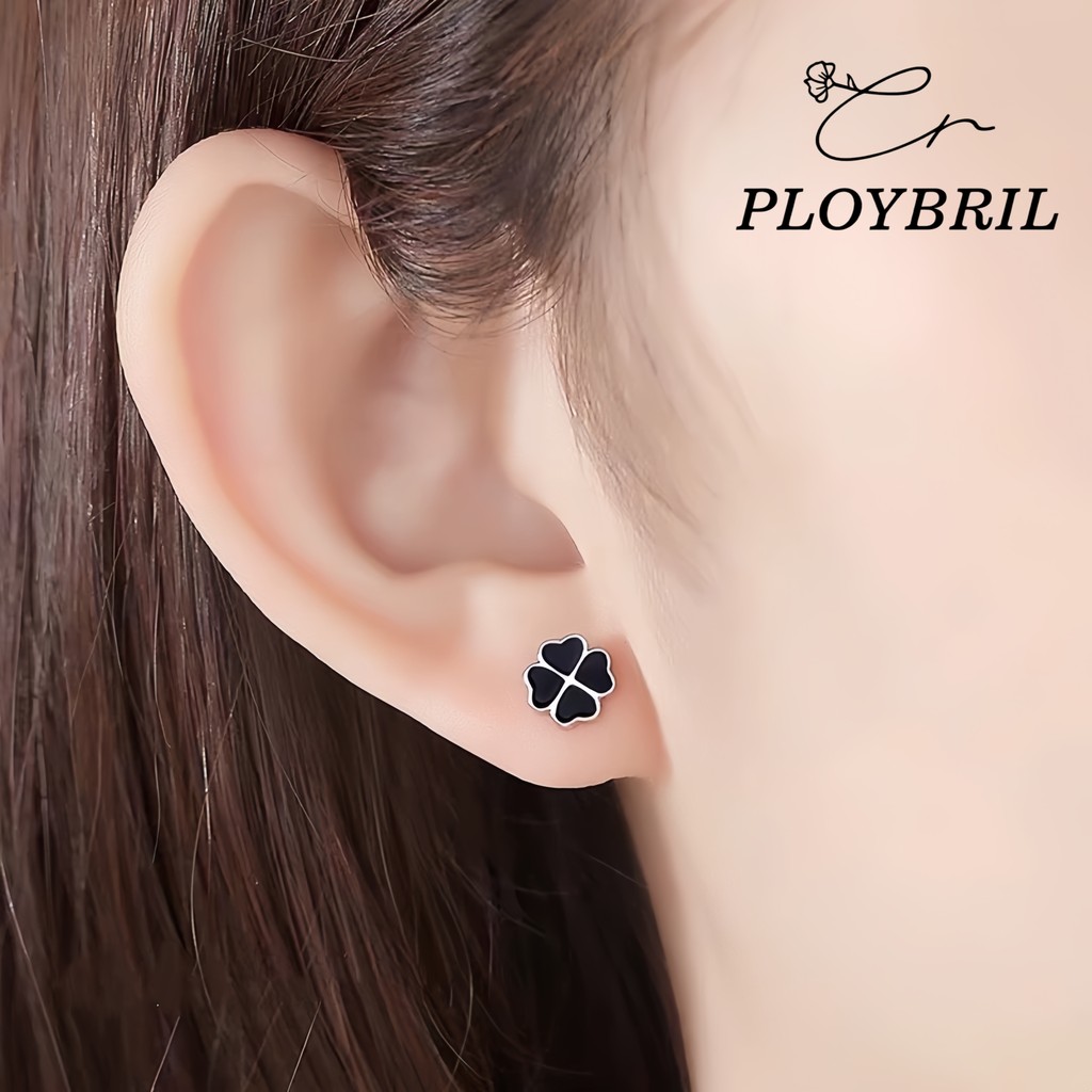 PLOYBRIL ต่างหูสตั๊ด อีพ็อกซี่ รูปหัวใจ ดอกไม้ ขนาดเล็ก และประณีต สีดํา E089