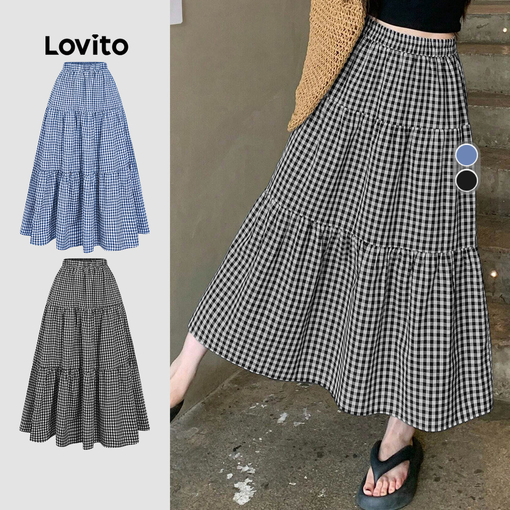 Lovito กระโปรงแคชชวล ชั้น ๆ สำหรับฤดูใบไม้ผลิ/ฤดูร้อน สีดำและขาว สำหรับผู้หญิง L149LD012