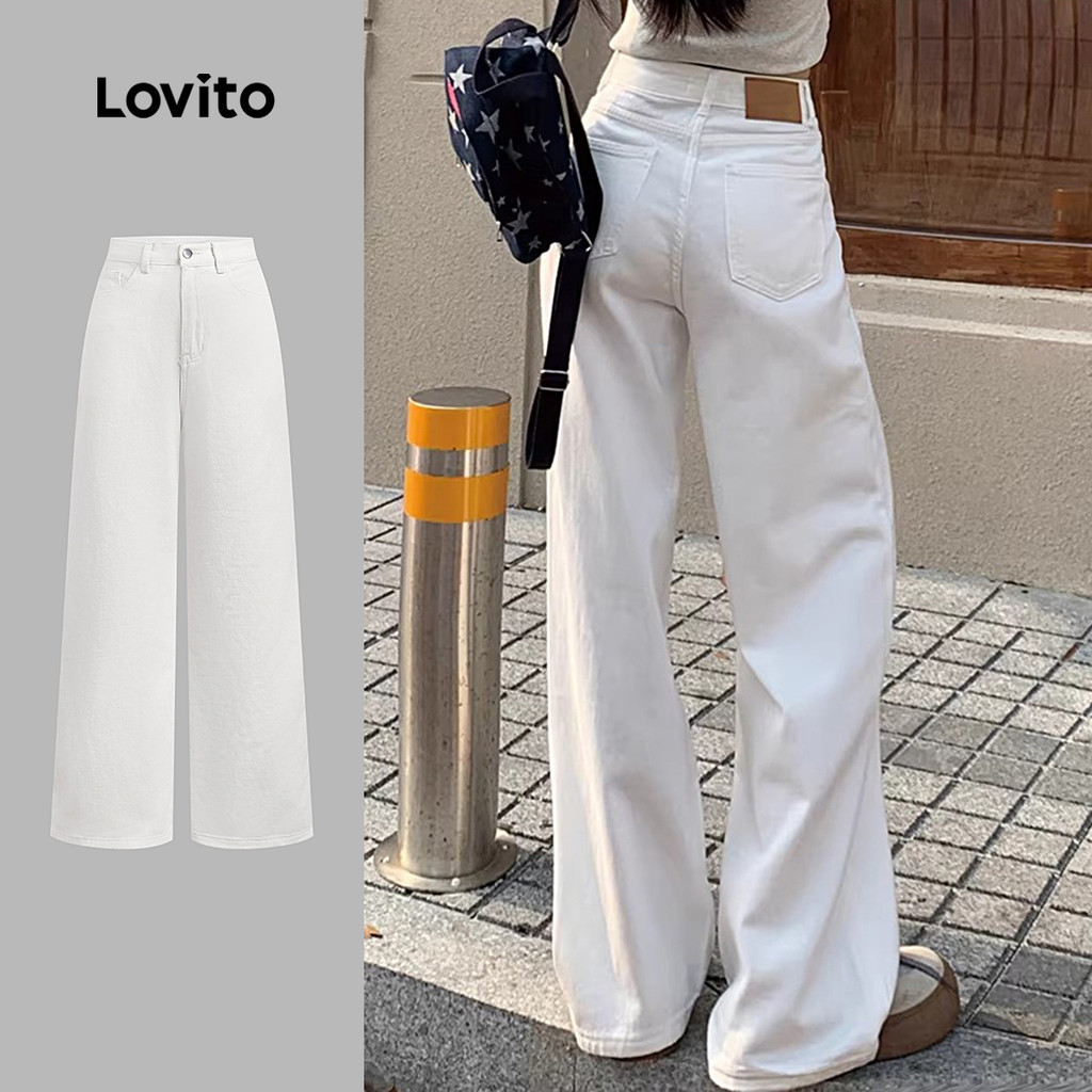 Lovito กางเกงยีนส์สีขาวผู้หญิง ลําลอง สบายๆ เรียบง่าย L185AD675