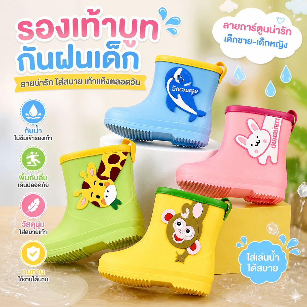 รองเท้าบูทเด็ก รองเท้ากันฝนเด็ก กันน้ำ กันลื่น นุ่มสบาย ลายการ์ตูน ฤดูฝน เด็กเล็ก PVC