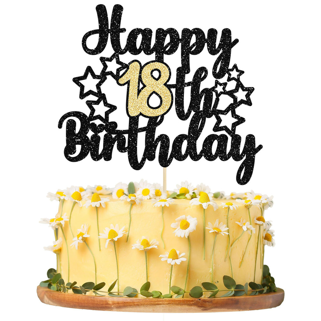 1 PC Happy 18th/21st Birthday Cake Topper - Black Gold Glitter Cheers ถึง 18/21 ปี