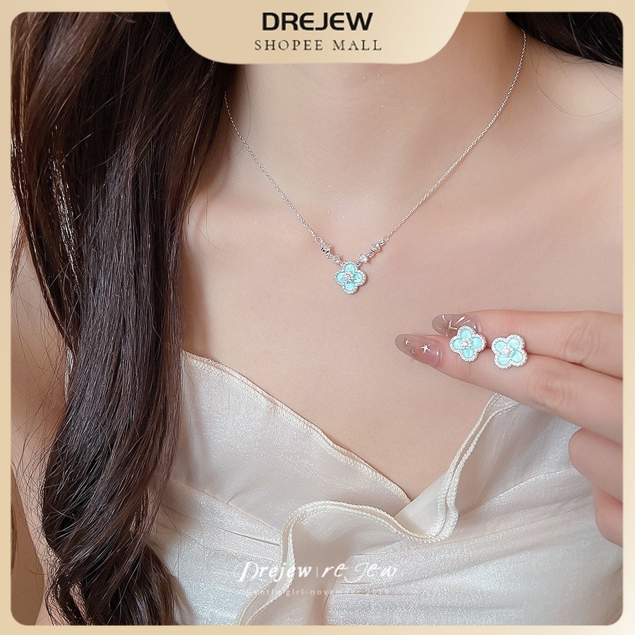 เดรเจว โทนสีเงินโชคดีมิ้นท์สีเขียวเคลือบโคลเวอร์สี่ใบczรัศมีสร้อยคอต่างหูชุดสวมใส่ทุกวันสํานักงานออกเดทและของขวัญสําหรับเ