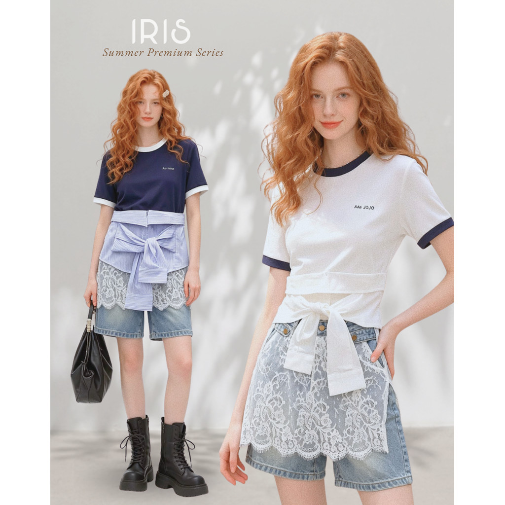 Original Design IRIS BOUTIQUE summer premium sereis 2 IS7355-IK7154 Ada Ribbon Layer Tee & Lace Layer Denim Shorts