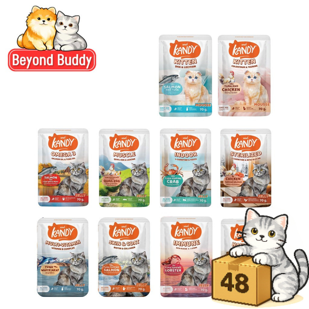 ( ยกลัง 48 ซอง ) Kandy แคนดี้ อาหารแมว เปียกแมว ไม่ใส่เกลือ จากปลาเนื้อขาว โปรตีนสูง ลูกแมวและแมวโต