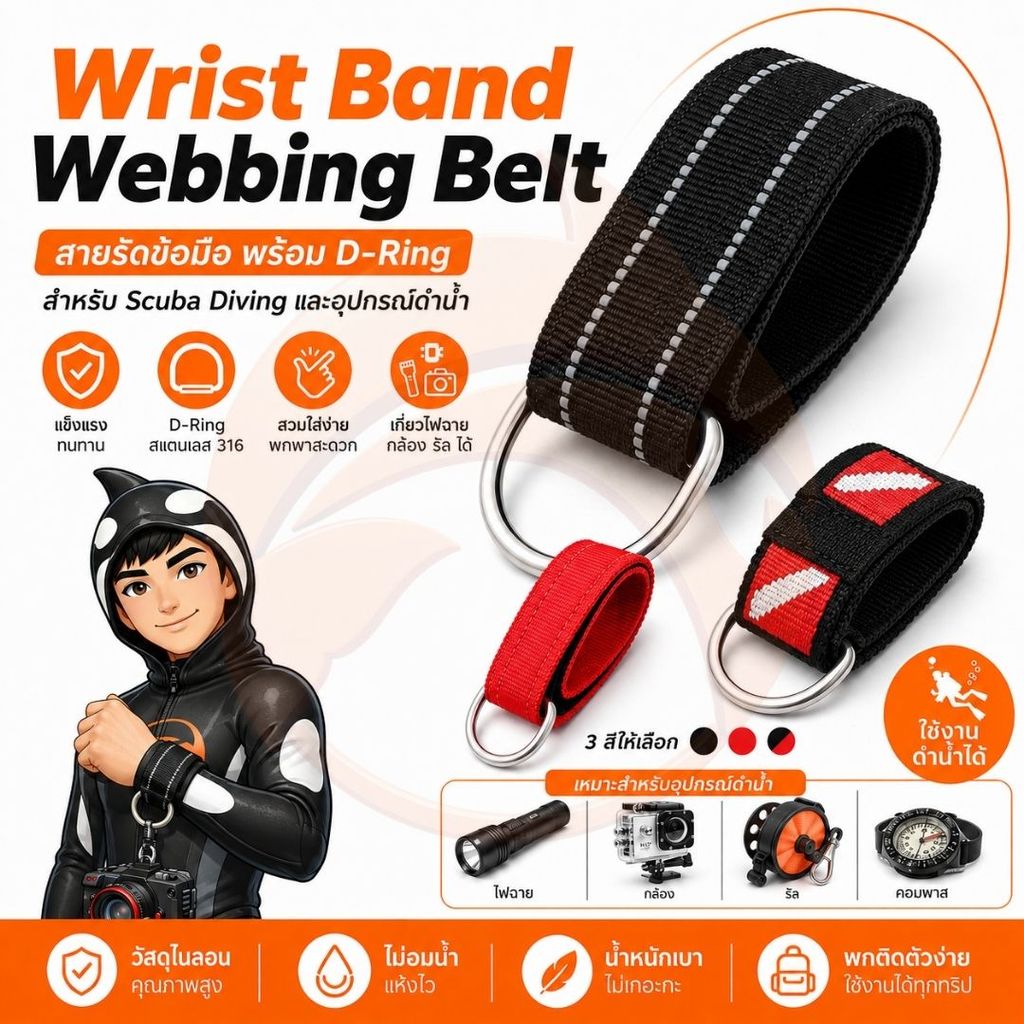 สายรัดข้อมือดำน้ำ พร้อม D-Ring สแตนเลส 316 Wrist Band สำหรับเกี่ยวไฟฉาย / อุปกรณ์ดำน้ำ