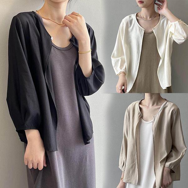 [สินค้าพร้อมส่ง]เสื้อเชิ้ตกันแดดกระดุมเดียวสำหรับผู้หญิง สไตล์เกาหลี ทรงหลวม อเนกประสงค์ แขนสามส่วน คอกลม แขนยาว#99418