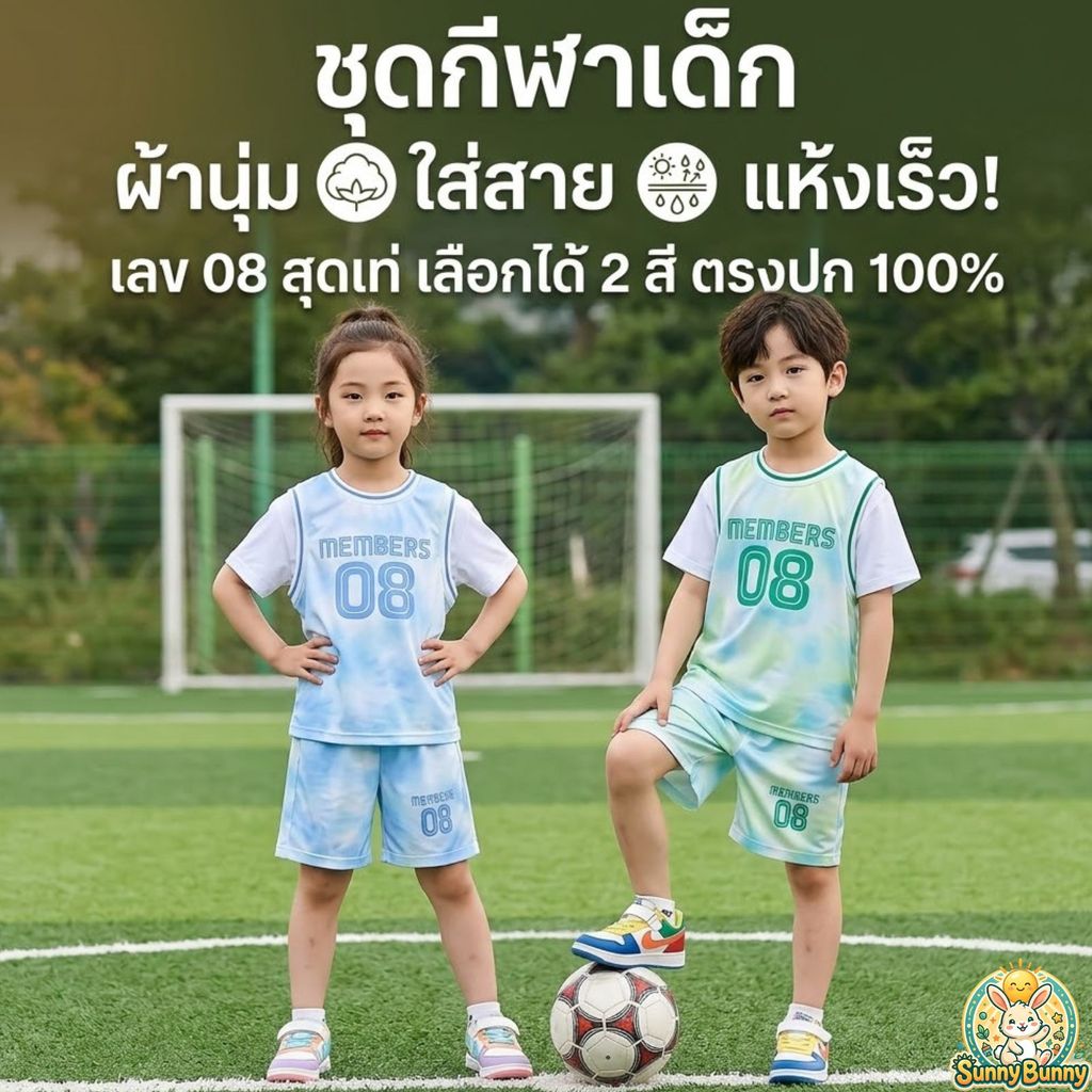 sunny_bunny ชุดกีฬาเด็ก ผ้านุ่ม ใส่สบาย แห้งเร็ว เลข08 ชุดเซต เสื้อ กางเกง เด็กเล็ก เด็กโต ชาย หญิง