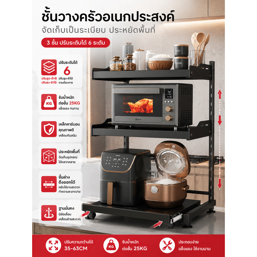 ชั้นวางไมโครเวฟ 3 ชั้น ปรับระดับได้ 6 ระดับ เหล็กคาร์บอนแข็งแรง รับน้ำหนัก 25KG ต่อชั้น สำหรับครัว