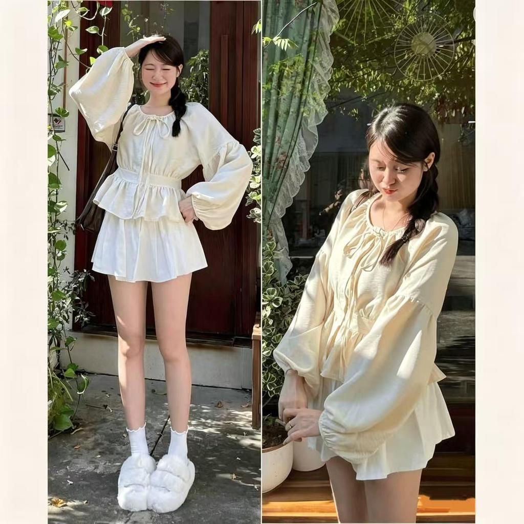 เสื้อท่อนบนแขนยาวพัฟสําหรับผู้หญิงมีผูกคอแบบเก็บเอวเสื้อเบลาส์น่ารักอ่อนโยนอเนกประสงค์สําหรับคลุมได้ทุกวัน