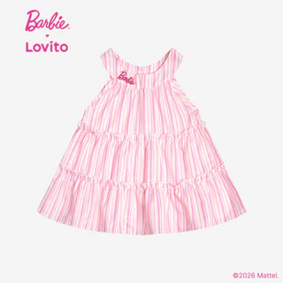 (New Arrival) Barbie™ X Lovito Kids เสื้อท็อปสีชมพูเด็กผู้หญิง ฤดูใบไม้ผลิ/ร้อน ไม่มีแขนคอฮอลเตอร์ เอวสูง ขาตรง ปักลายและกระเป๋า เกาหลี อินเทรนด์ LBL5AD034