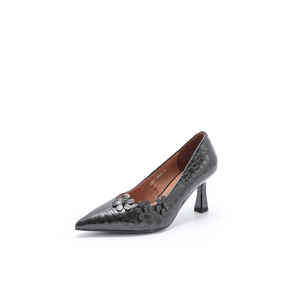 Odd Top Layer Cowhide Petal Stiletto Heel Pointed Toe แฟชั่นรองเท้าส้นสูงรองเท้าผู้หญิง 21042